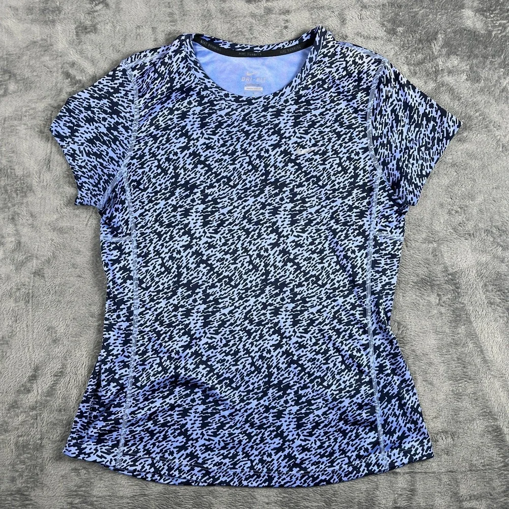 Nike Dri Fit Running Top Womens Medium Blue Black Abstract Yoga Moisture Wicking